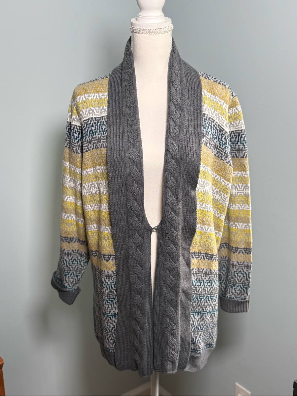 Tribal Cozy Open-Front Patterned Cardigan Sweater - Gray and Yellow. Never worn.